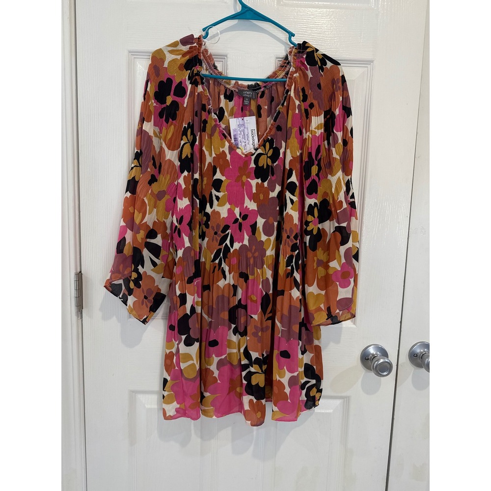 Ninety Clothing Co. Floral Print Pleated‎ Long Sleeve Top Blouse 3X